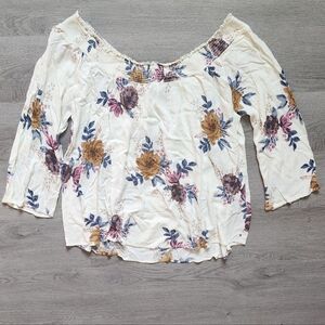 Signature Studio Women's Cream Floral Print Boat Neck Casual Pullover Top Large